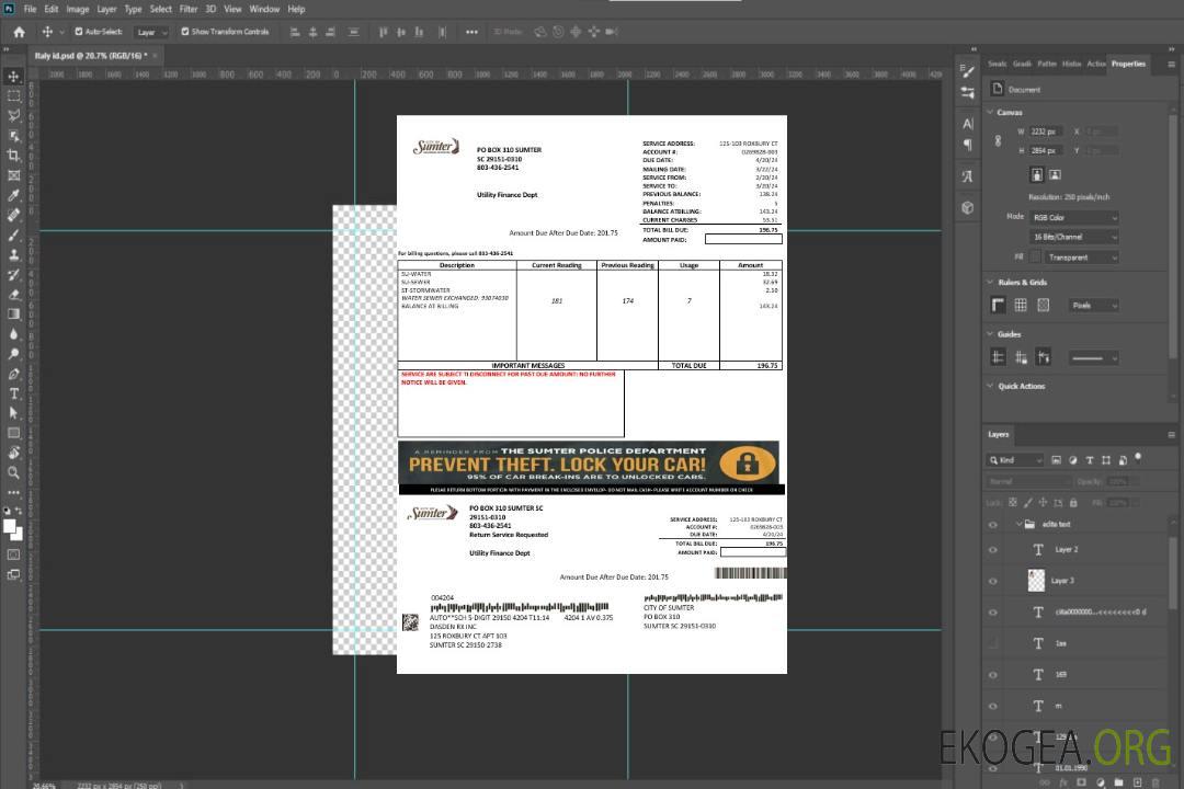 Modèle de facture de services publics de l'eau de la ville de Sumter, en Caroline du Sud, aux formats Word et PDF template